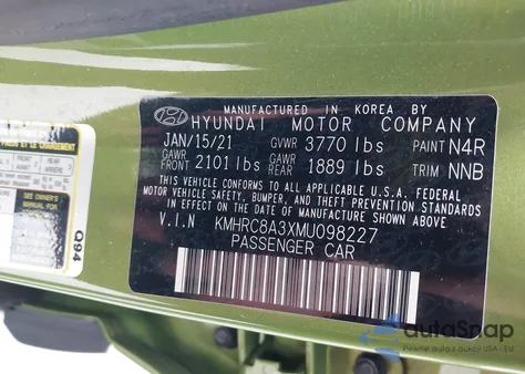 2021 Hyundai Venue Sel z USA, uszkodzony, nr VIN KMHRC8A3XMU098227